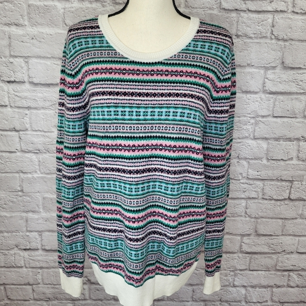 Talbots Sweater Multicolor Fair Isle Crew Neck Lambswool Blend Women's Size L - Picture 3 of 9